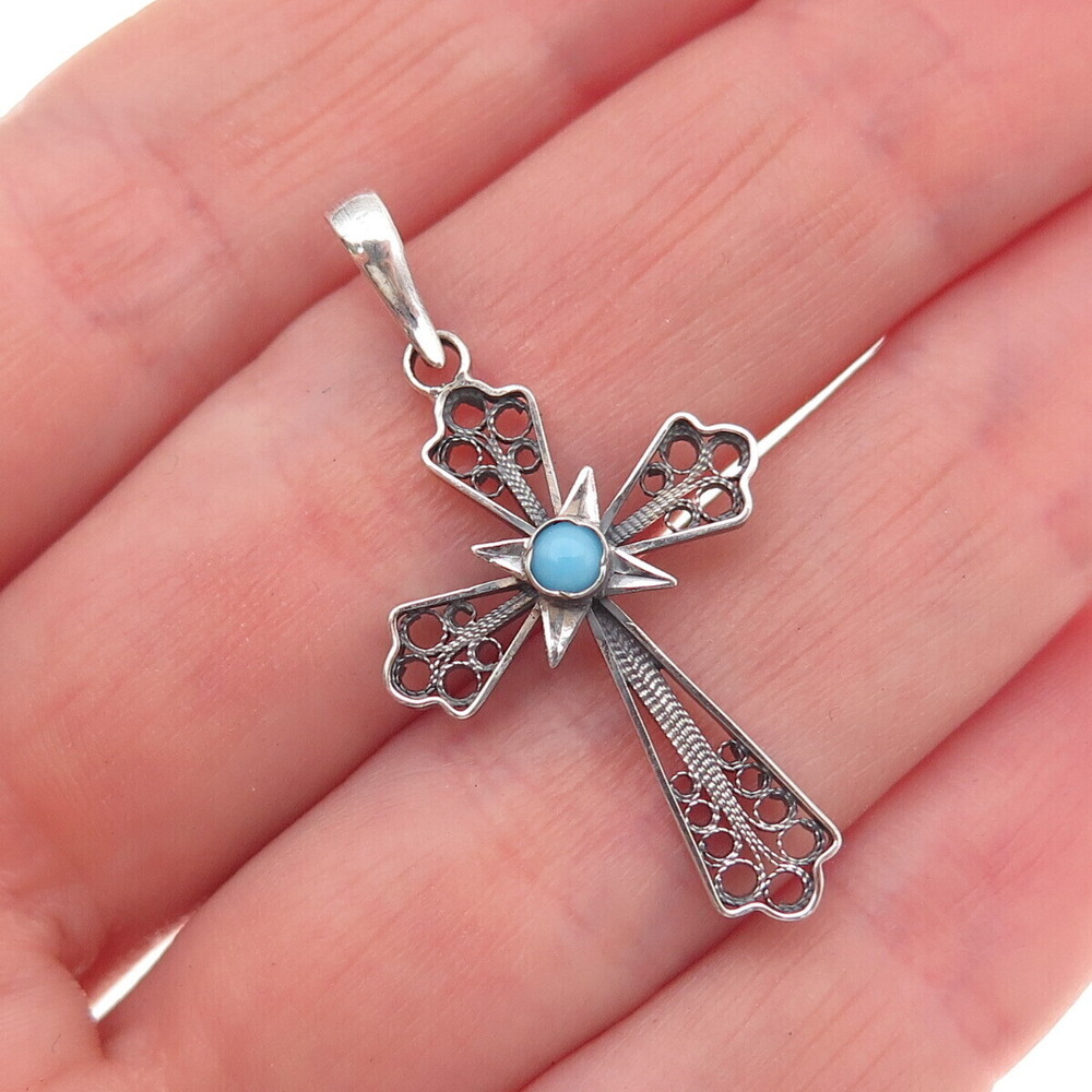 925 Sterling Silver Antique Art Deco Faux Pearl Cross Filigree Charm Pendant